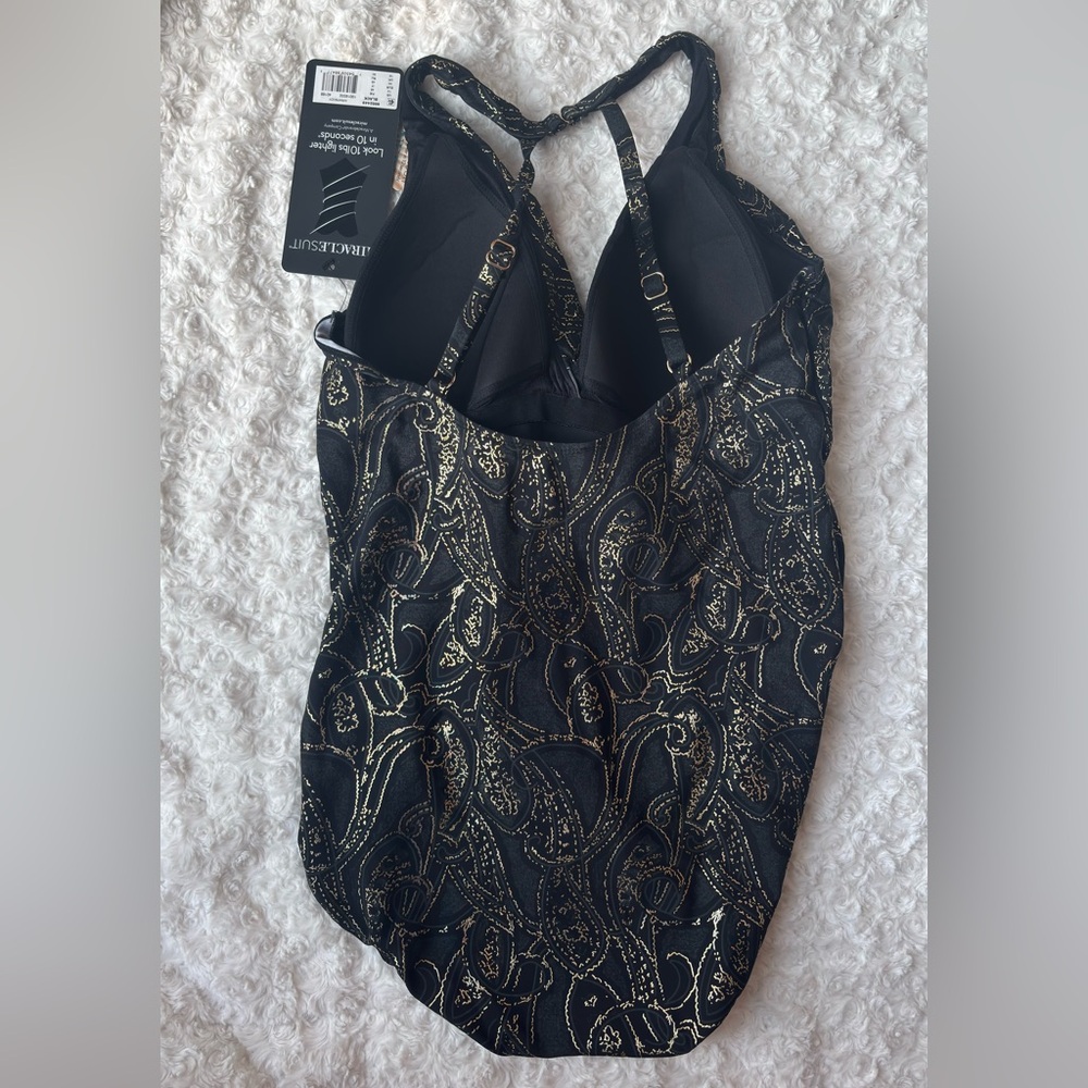 NWT—Wrapsody One-Piece in Sultana. Black with Gold Detailing. Size 14. - Picture 2 of 5